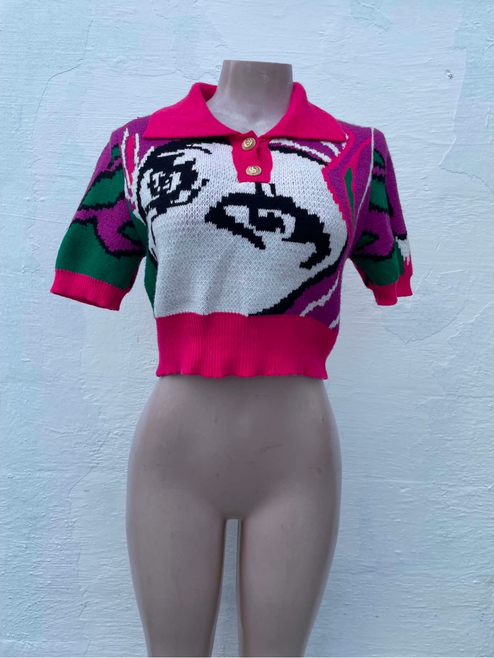 Cropped Pink & Green Graphic Knit Polo Top